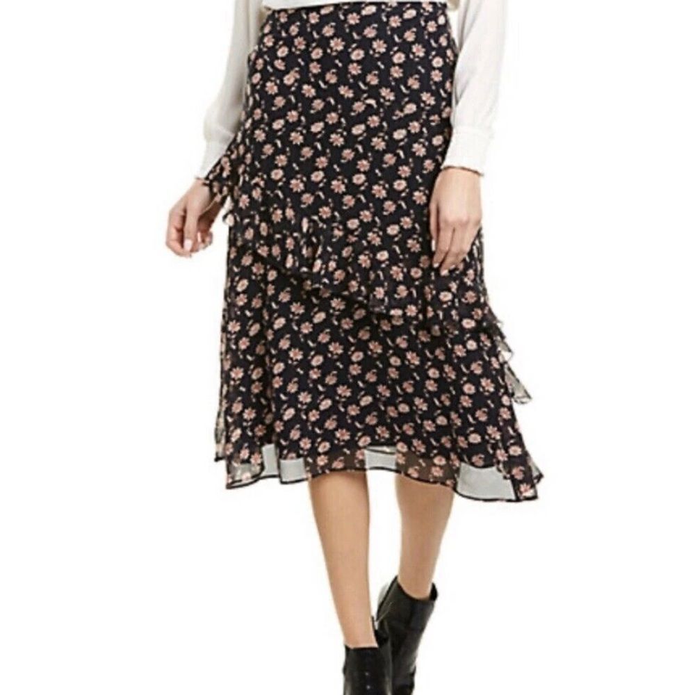 Joie 100% Silk Langlee Floral Print Ruffle Midi Skirt Size 4 - Picture 2 of 8